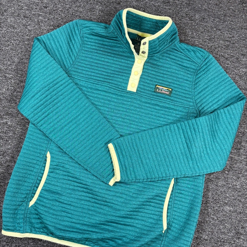 L.L.Bean Quilted Pullover Womens M Teal Airlight Knit Mock Neck Snap 506463
